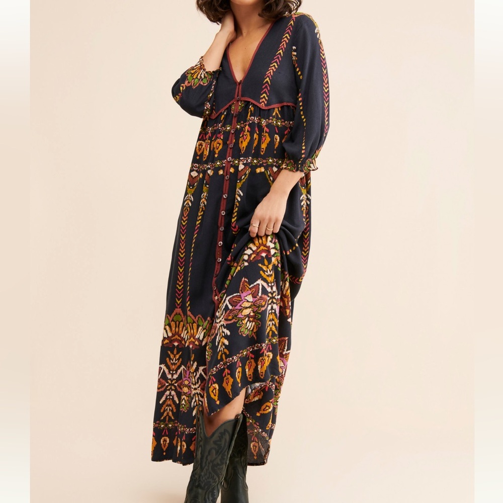 FREE PEOPLE Foley Long Sleeve Black Maxi Dress In Moody Combo Small